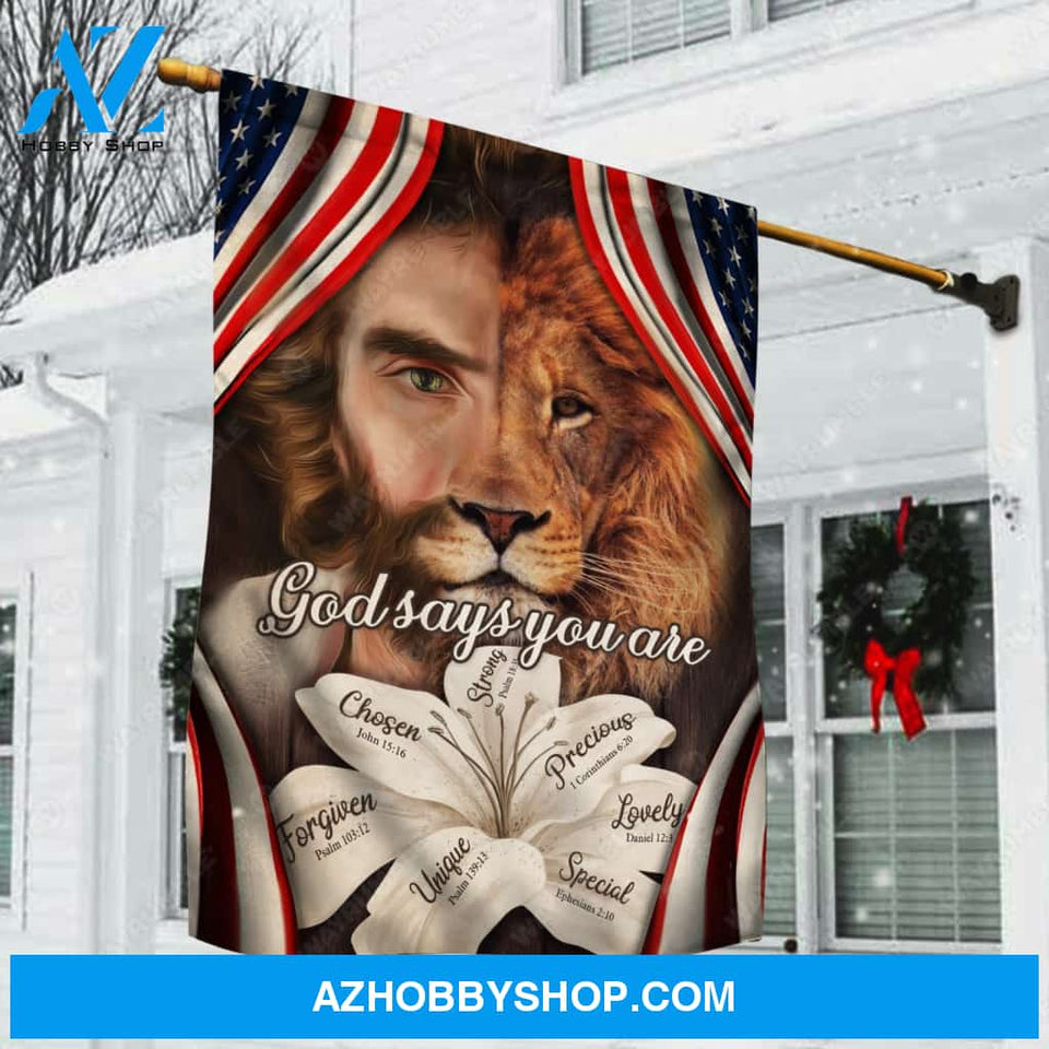 Vintage lily flower, Beautiful Jesus face, Lion of Judah, God says you are unique - Jesus Flag