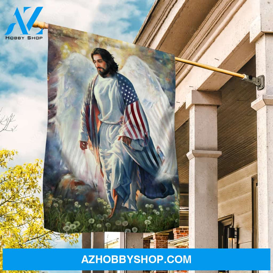Walking with Jesus, Angel wings, Dandelion field, US flag - Jesus Flag