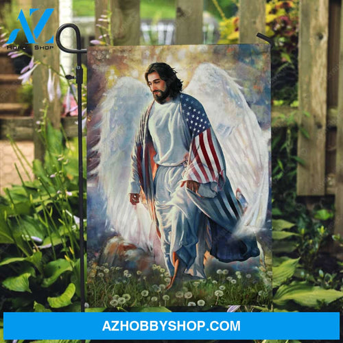 Walking with Jesus, Angel wings, Dandelion field, US flag - Jesus Flag