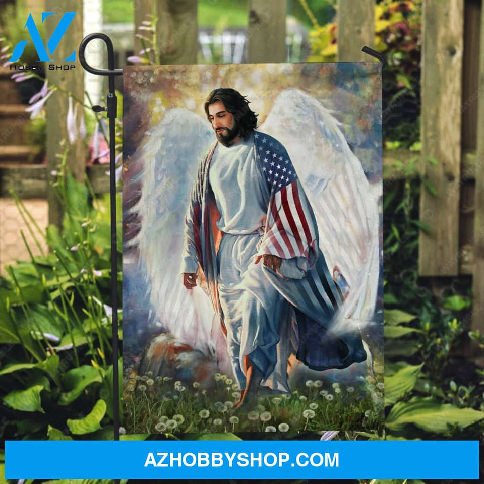 Walking with Jesus, Angel wings, Dandelion field, US flag - Jesus Flag