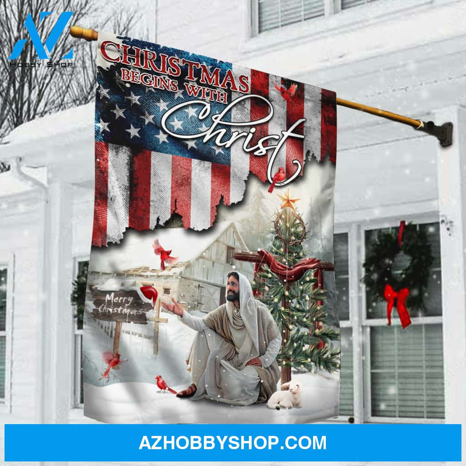 Walking with Jesus, Christmas painting, Red cardinal, Christmas begins with Christ - Jesus Flag