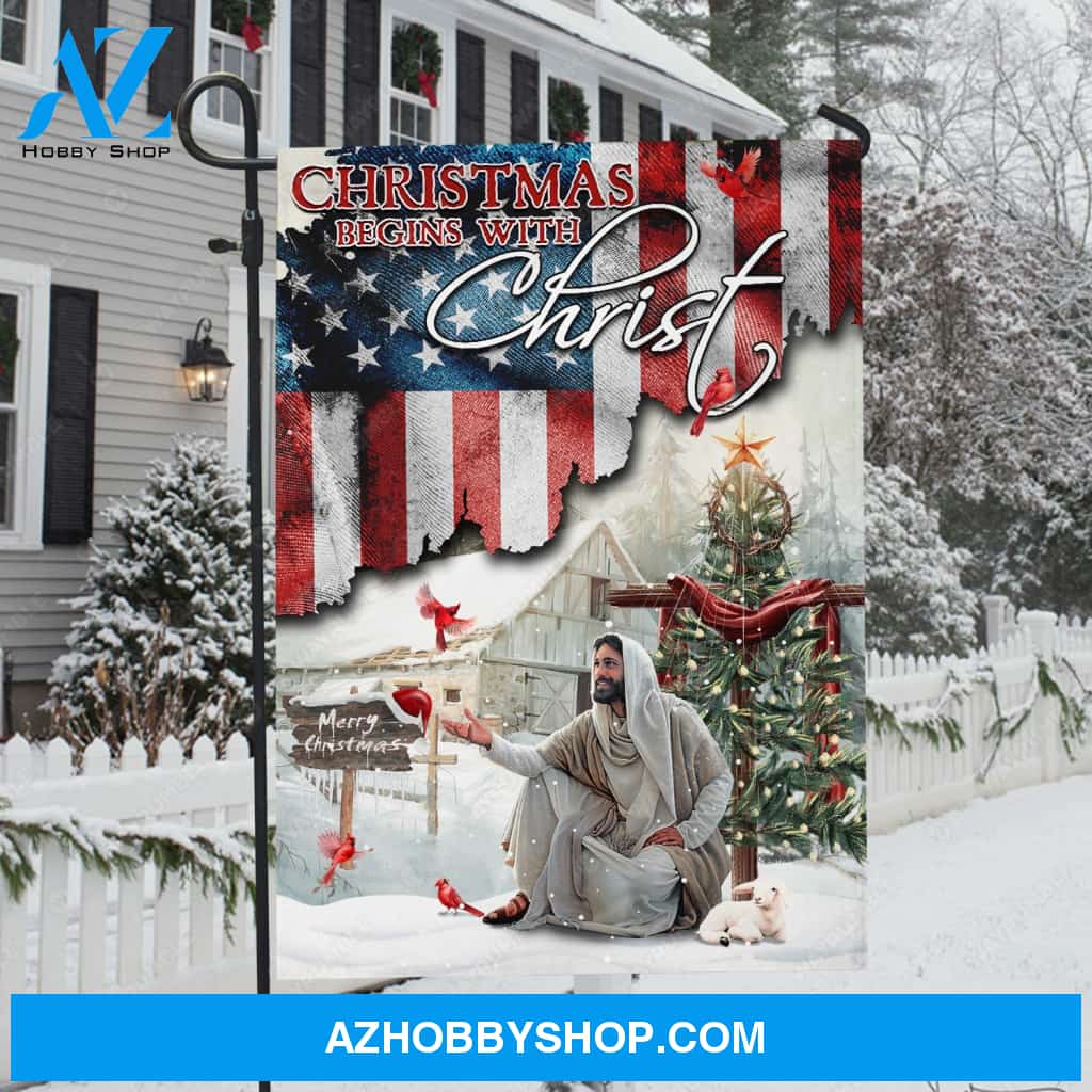 Walking with Jesus, Christmas painting, Red cardinal, Christmas begins with Christ - Jesus Flag
