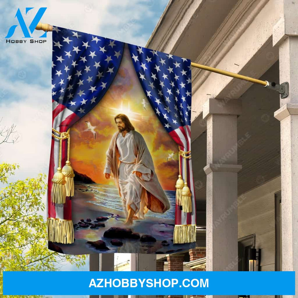 Walking with Jesus, Infinite halo, US flag drawing, Seagull - Jesus Flag