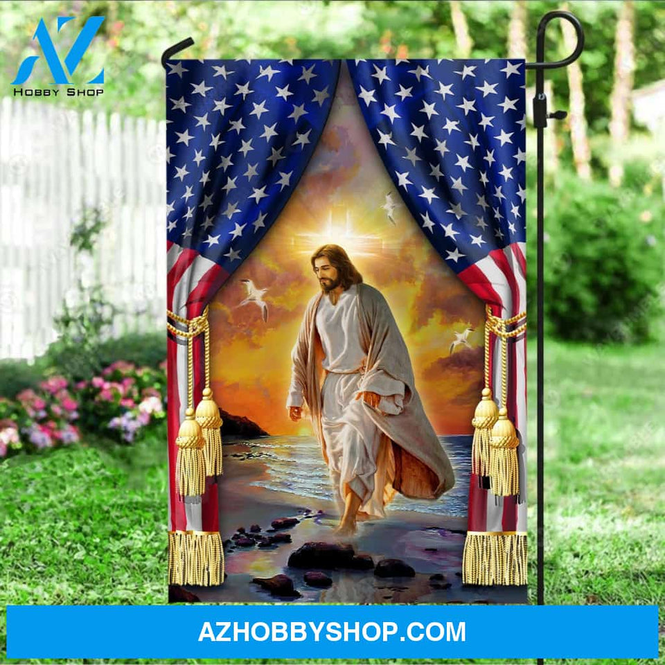 Walking with Jesus, Infinite halo, US flag drawing, Seagull - Jesus Flag