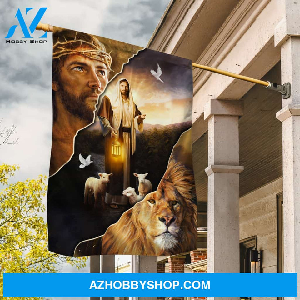 Walking with Jesus, Lamb artwork, Vintage lantern, Beautiful scene - Jesus Flag
