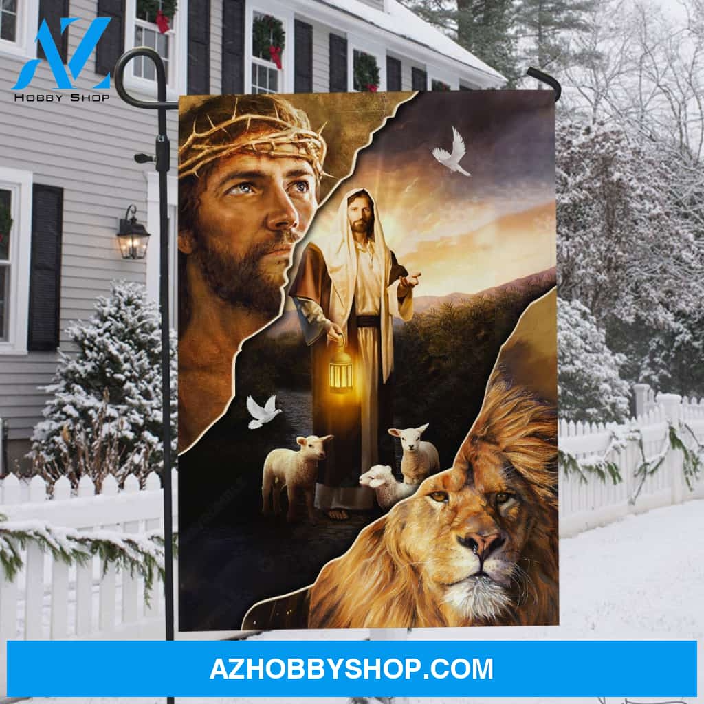 Walking with Jesus, Lamb artwork, Vintage lantern, Beautiful scene - Jesus Flag