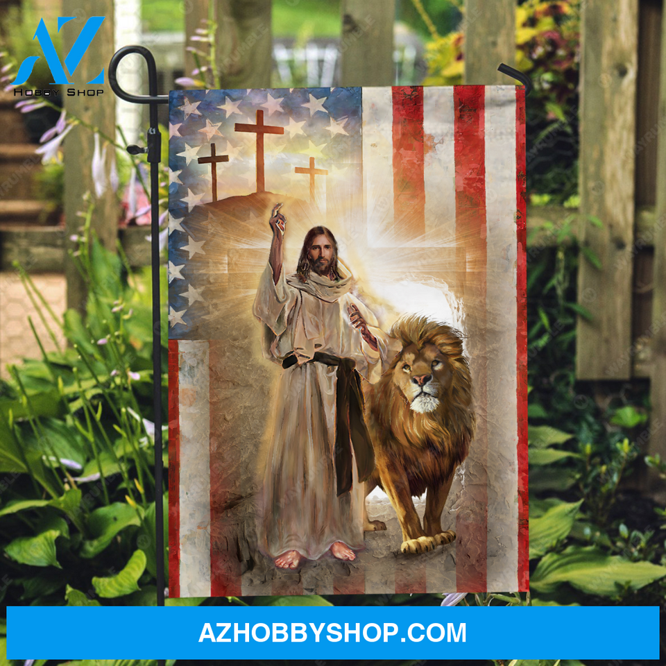 Walking with Jesus, Lion drawing, US flag, Cross symbol - Jesus Flag