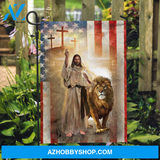 Walking with Jesus, Lion drawing, US flag, Cross symbol - Jesus Flag