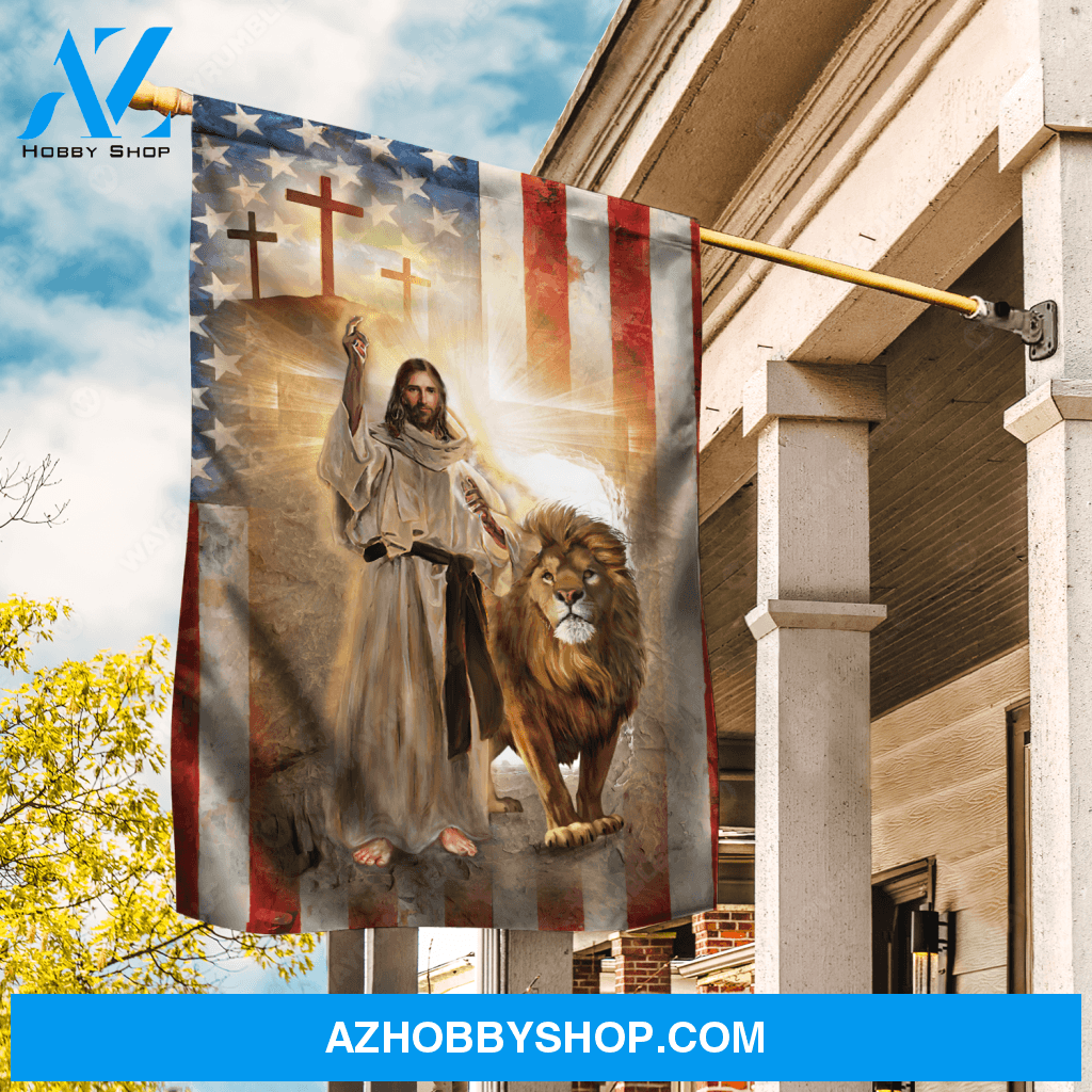 Walking with Jesus, Lion drawing, US flag, Cross symbol - Jesus Flag