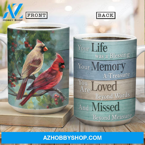 Watercolor cardinal, Cranberry tree, Nature artwork, Your life was a blessing - Heaven AOP Mug
