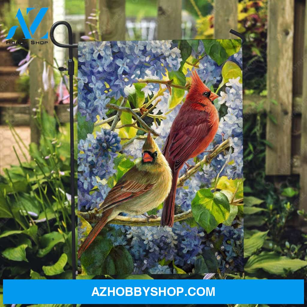 Watercolor cardinal painting, Cardinal couple, Nature drawing, Blue flower branches, Memorial gift - Heaven Flag