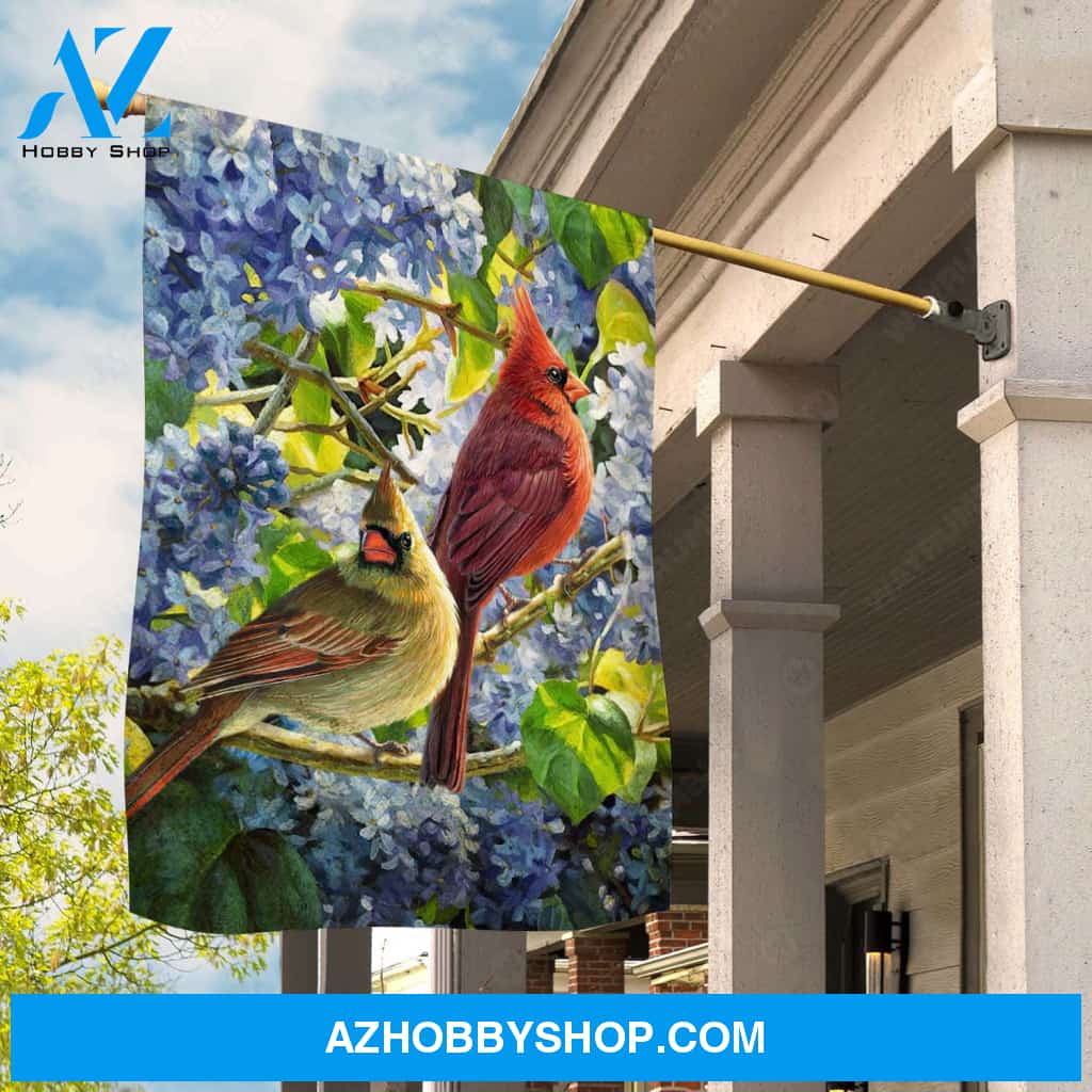 Watercolor cardinal painting, Cardinal couple, Nature drawing, Blue flower branches, Memorial gift - Heaven Flag