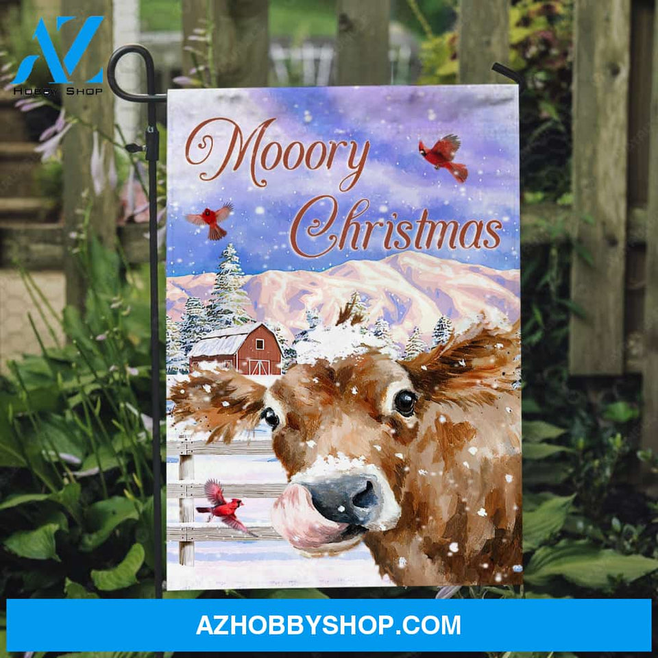 Watercolor cow, Purple sky, Winter painting, Mooory Christmas - Jesus Flag