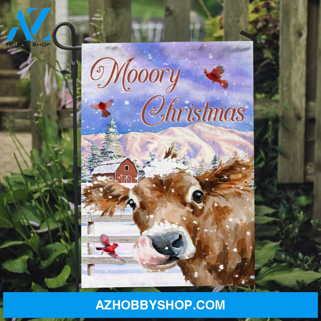 Watercolor cow, Purple sky, Winter painting, Mooory Christmas - Jesus Flag