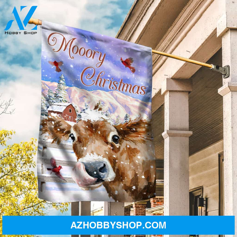 Watercolor cow, Purple sky, Winter painting, Mooory Christmas - Jesus Flag