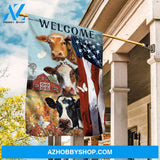 Watercolor dairy cow, US flag, Beautiful flower field, Welcome - Cow Flag