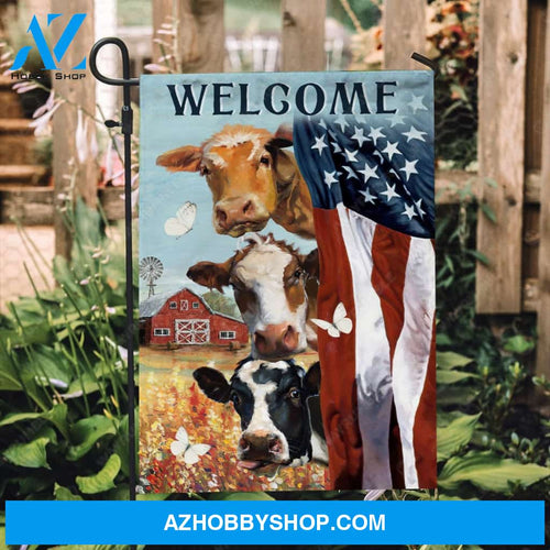 Watercolor dairy cow, US flag, Beautiful flower field, Welcome - Cow Flag
