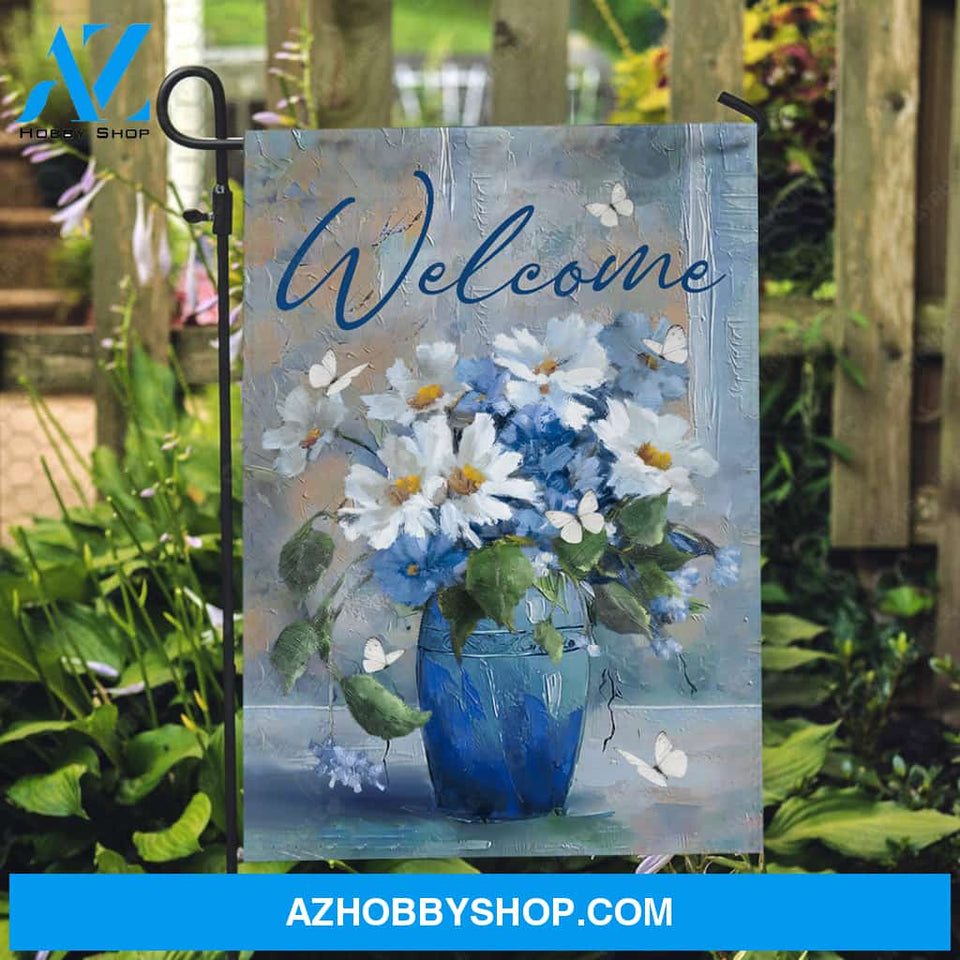 Watercolor daisy, Flower vase, White butterfly, Welcome - Jesus Flag