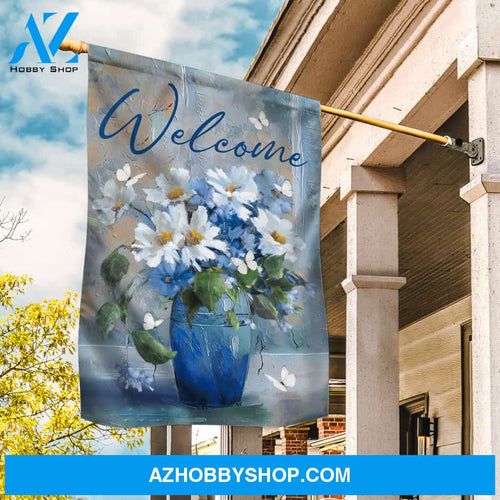 Watercolor daisy, Flower vase, White butterfly, Welcome - Jesus Flag