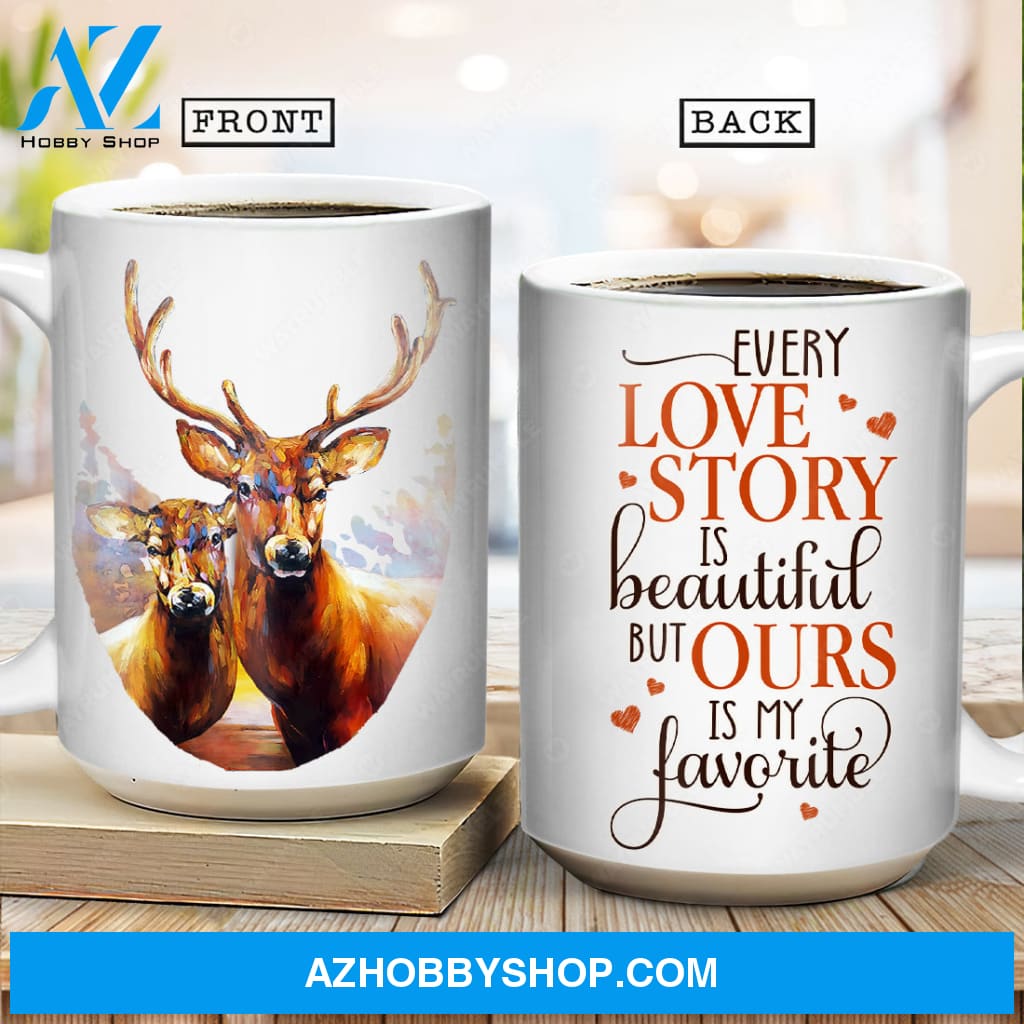 Watercolor deer, Gift for lover, Red heart, Every love story is beautiful but ours is my favorite - Family White Mug