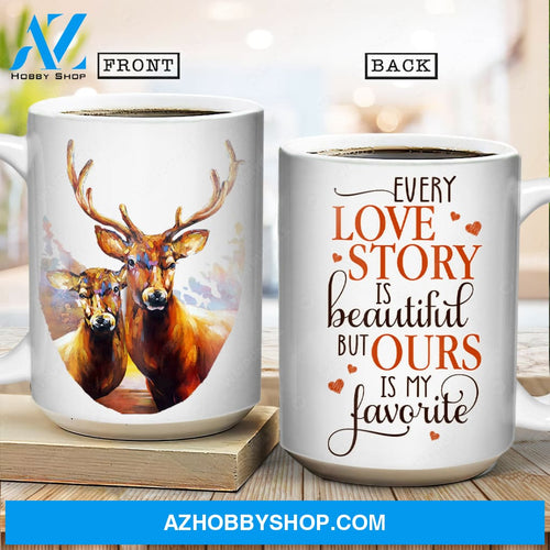 Watercolor deer, Gift for lover, Red heart, Every love story is beautiful but ours is my favorite - Family White Mug
