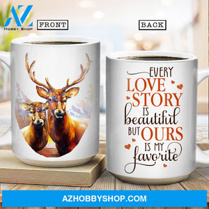Watercolor deer, Gift for lover, Red heart, Every love story is beautiful but ours is my favorite - Family White Mug