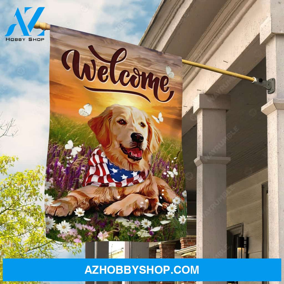 Watercolor dog, Daisy field, Orange sunset, Welcome - Jesus Flag