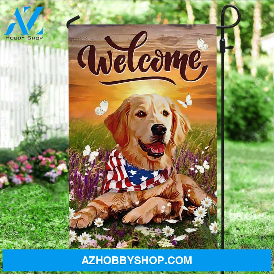 Watercolor dog, Daisy field, Orange sunset, Welcome - Jesus Flag