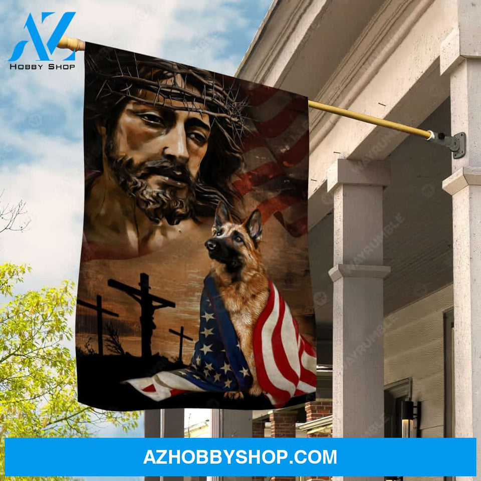 Watercolor Jesus drawing, German shepherd dog, Big US flag - Jesus Flag