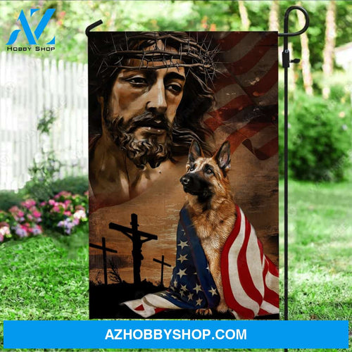 Watercolor Jesus drawing, German shepherd dog, Big US flag - Jesus Flag