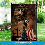 Watercolor Jesus drawing, German shepherd dog, Big US flag - Jesus Flag