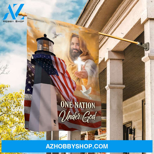 Watercolor lighthouse, Jesus drawing, US flag, White dove, One nation under God - Jesus Flag