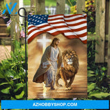 Watercolor lion, Infinite halo, US flag, White cross, Walking on water - Jesus Flag
