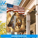 Watercolor lion, Infinite halo, US flag, White cross, Walking on water - Jesus Flag