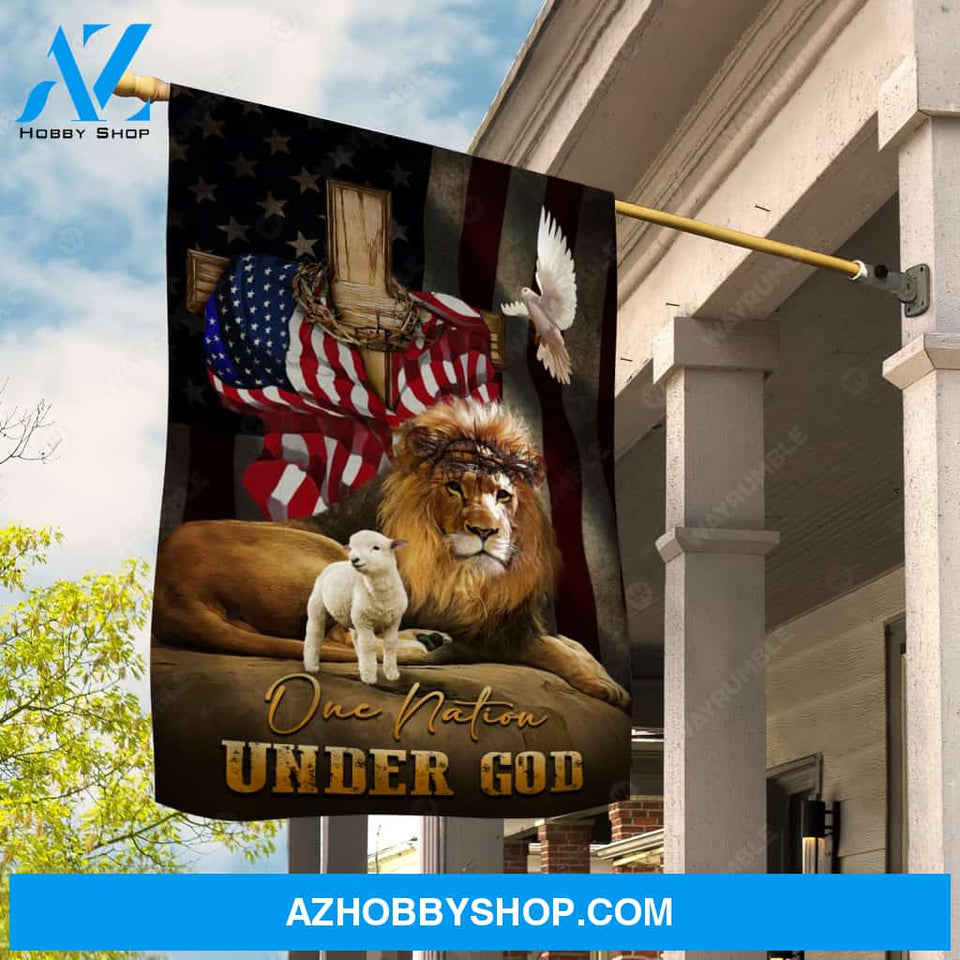 Watercolor lion, Little lamb, White dove, Unique US flag, One nation under God - Jesus Flag