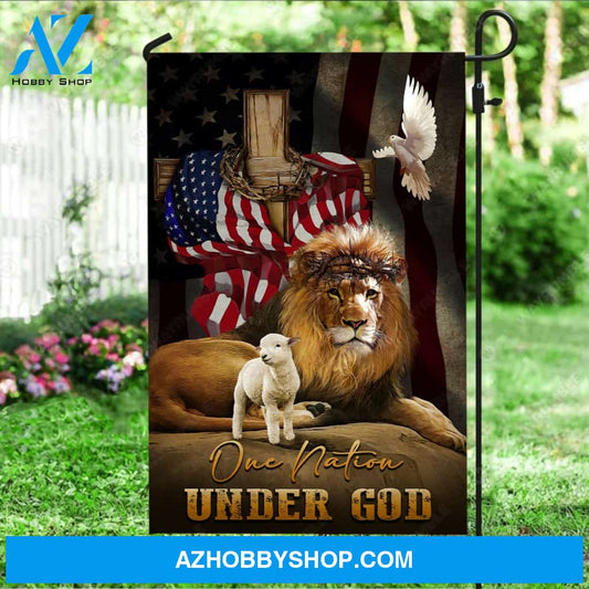 Watercolor lion, Little lamb, White dove, Unique US flag, One nation under God - Jesus Flag