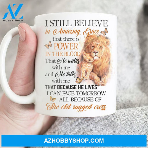 Watercolor lion, Orange butterfly, I still believe in amazing grace - Jesus White Mug