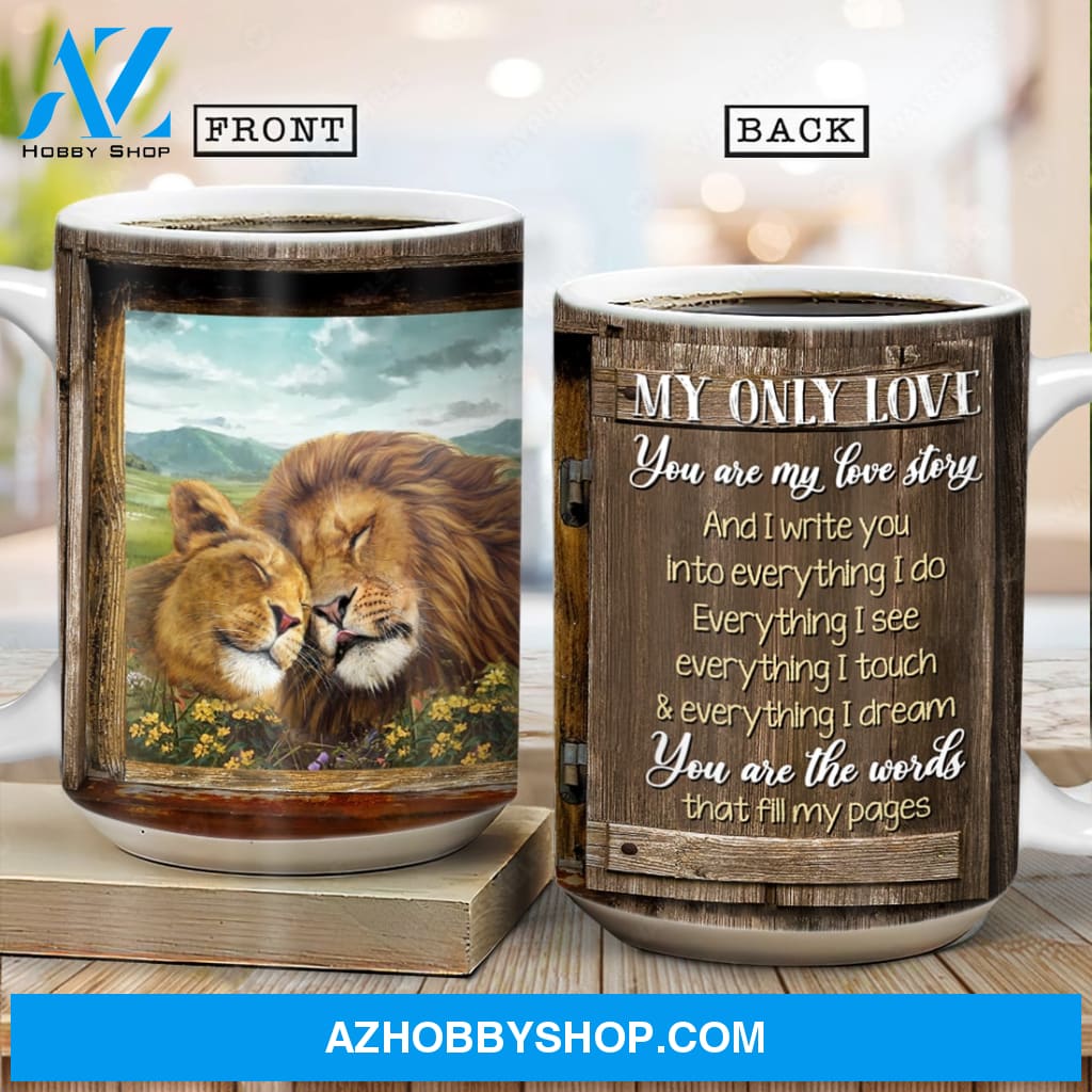 Watercolor lion, Yellow flower field, Meadow land, You are my love story - Couple AOP Mug