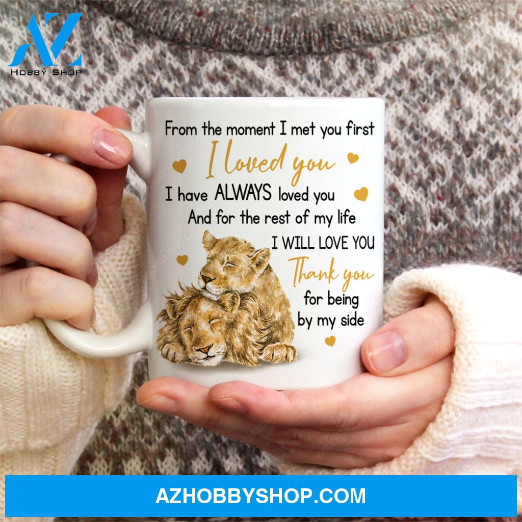 Watercolor lion, Yellow heart, Gift for lover, Thank you for being by my side - Couple White Mug