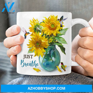 Watercolor sunflower, Blue crystal vase, Colorful hummingbird, Just breathe - Jesus White Mug