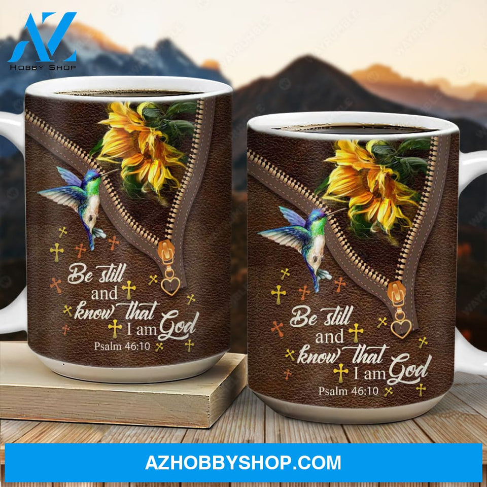 Watercolor sunflower, Colorful hummingbird, Be still and know that I am God - Jesus AOP Mug