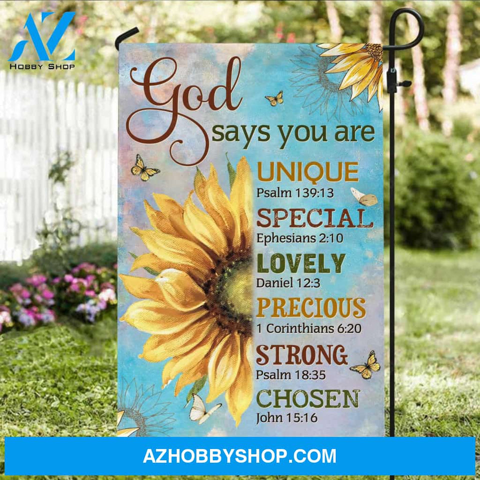 Watercolor sunflower, Yellow butterfly, God says you are unique - Jesus Flag