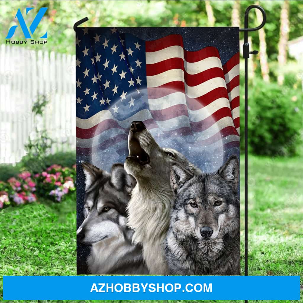 Watercolor wolf, Animal drawing, US flag, Full moon painting - Jesus Flag