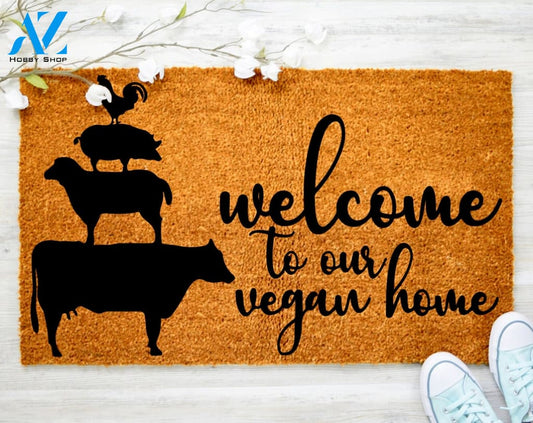 Welcome To Our Vegan House Doormat Cow Chicken and goat Doormat Family Doormat Decor Housewarming Doormat