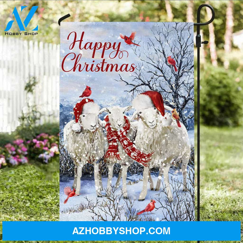 White goat painting, Winter forest, Red cardinal, Happy Christmas - Jesus Flag