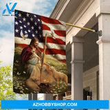 White lamb of God, Daisy field, Big US flag, Walking with Jesus - Jesus Flag