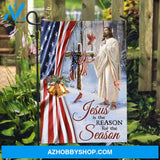 Winter season, American flag, Wooden cross, Jesus is the reason for the season - Jesus Flag