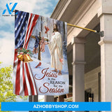 Winter season, American flag, Wooden cross, Jesus is the reason for the season - Jesus Flag