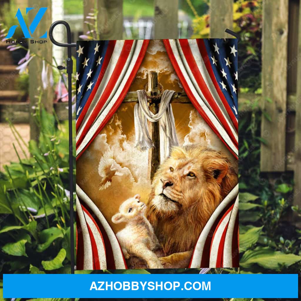 Wooden cross, Lion of Judah, Lamb of God, American flag, Holy spirit dove - Jesus Flag