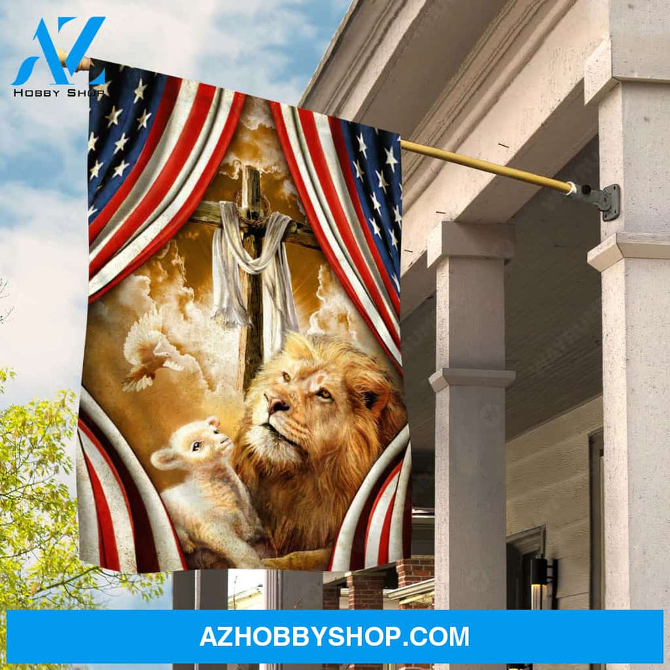 Wooden cross, Lion of Judah, Lamb of God, American flag, Holy spirit dove - Jesus Flag
